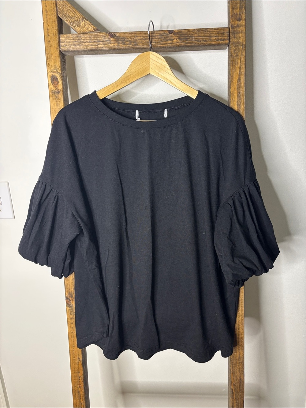 Women's Black Puff Sleeve Tee - Stylish Casual Top Size XL